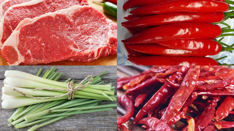 Ingredients for stir-fried lamb with lemongrass and chili