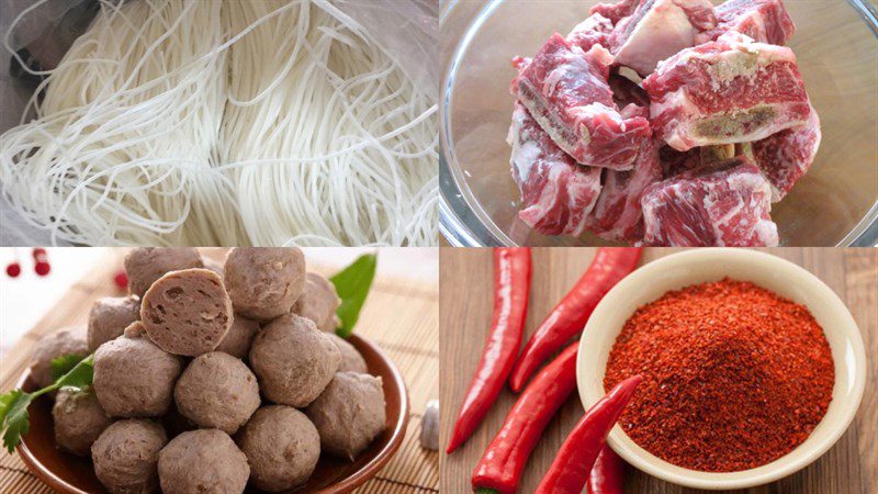 Ingredients for spicy noodle soup with beef balls