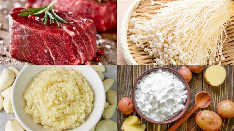 Ingredients for stir-fried beef with enoki mushrooms