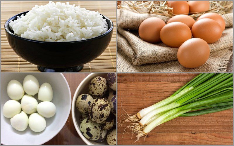 Ingredients for the dish on how to make fried leftover rice wrapped in quail eggs, sausages, and cheese