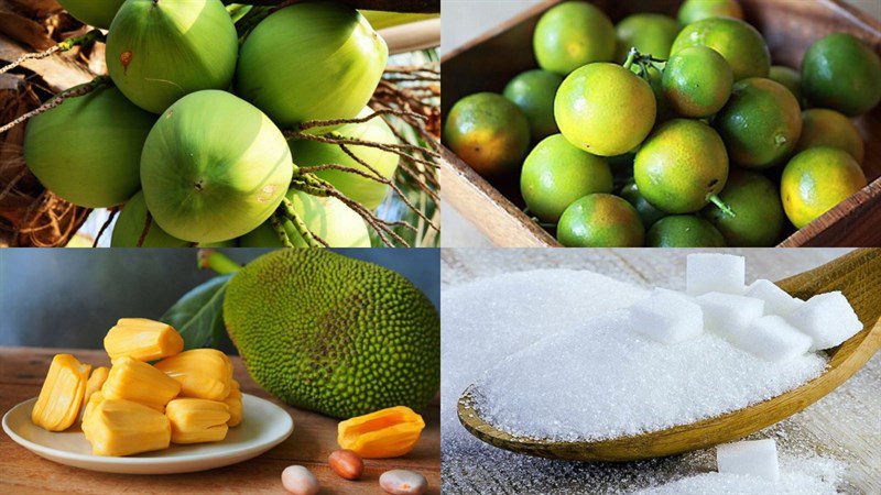 Ingredients for the dish of coconut with calamondin, calamondin with salted plum, and coconut with calamondin and jackfruit