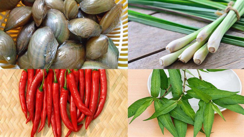 Ingredients for the dish stir-fried clams with lemongrass and chili and stir-fried rice paddy herb