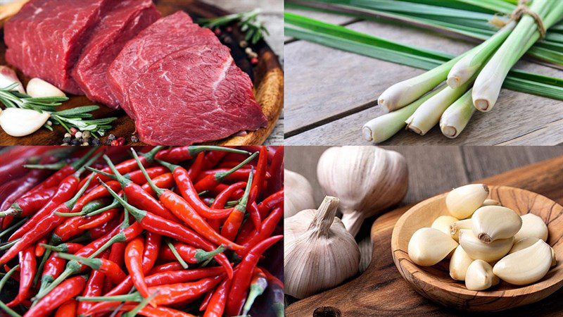 Ingredients for the dish 2 ways to make stir-fried beef with lemongrass and chili