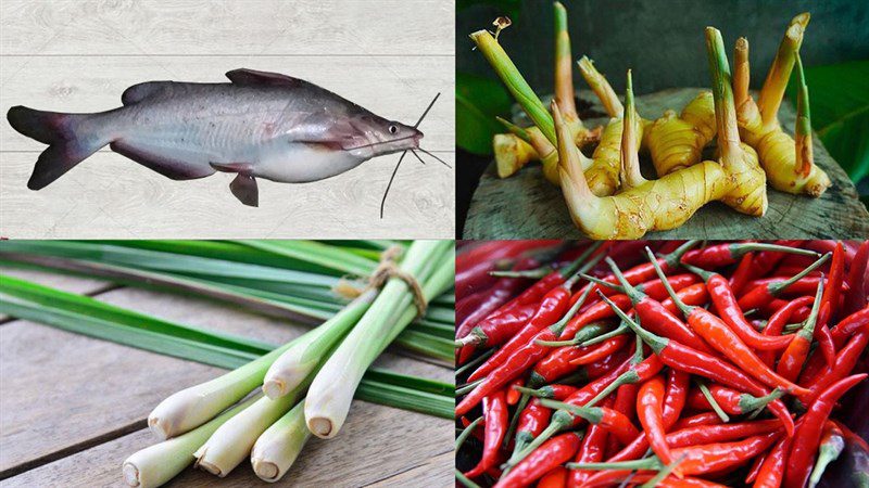 Ingredients for grilled catfish with galangal, lemongrass, and green chili