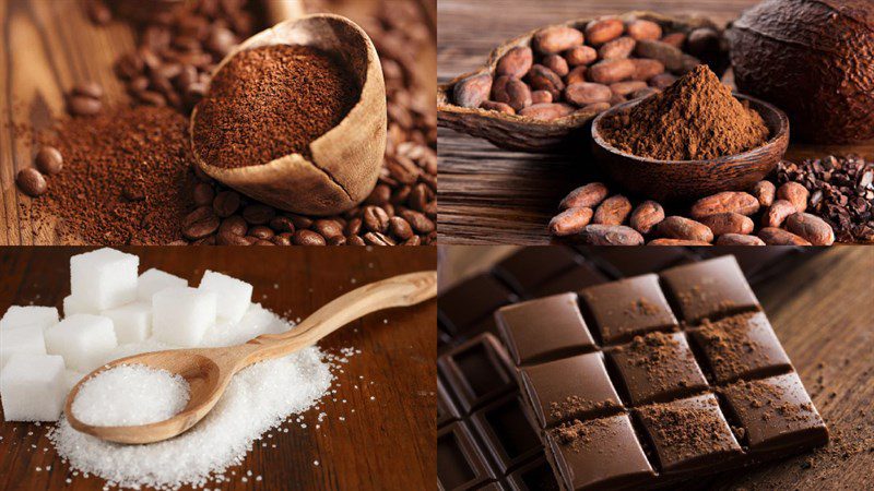 Ingredients for chocolate coffee and chocolate milk coffee