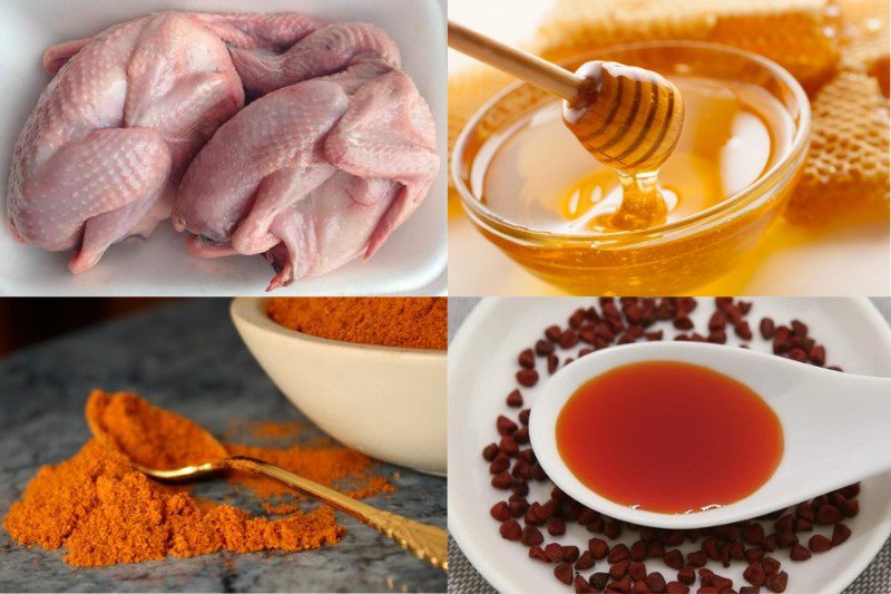 Ingredients for the dish of honey-roasted quail