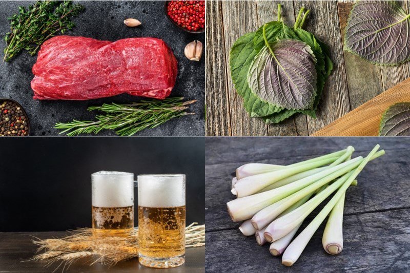 Ingredients for steamed beef with Vietnamese balm leaves