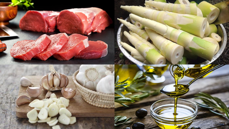 Ingredients for sour bamboo shoots stir-fried with pork