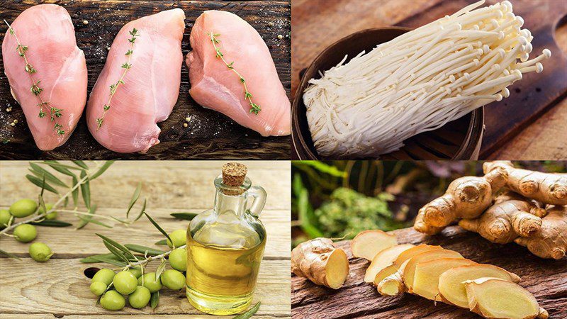 Ingredients for the dish of chicken breast rolled with enoki mushrooms pan-fried