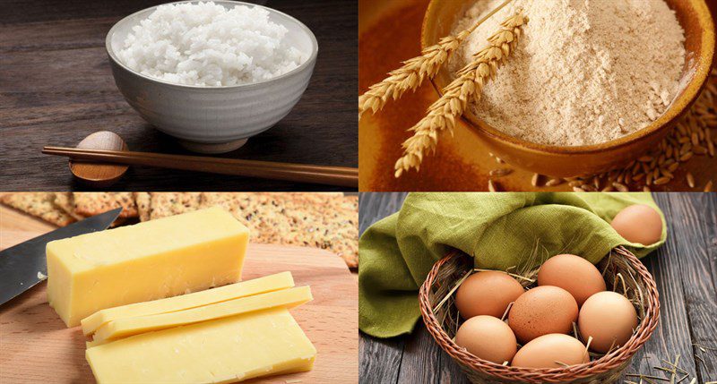 Ingredients for the dish 3 ways to make fried rice wrapped in quail eggs, sausages, and cheese
