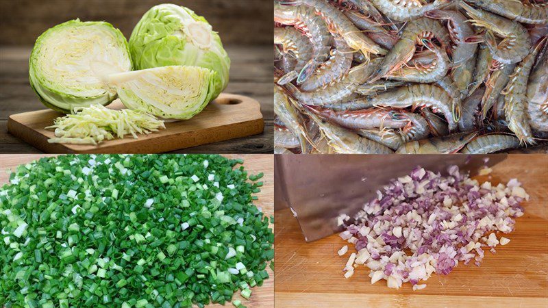 Ingredients for fresh shrimp cabbage soup and eggs