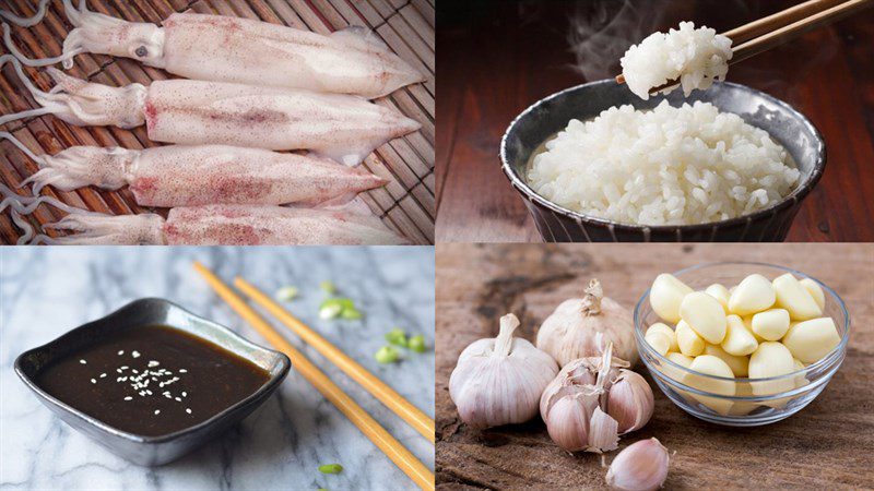 Ingredients for grilled squid stuffed with teriyaki sauce