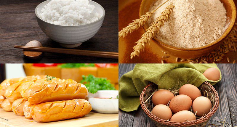 Ingredients for the dish 3 ways to make fried cold rice wrapped with quail eggs, sausage, and cheese