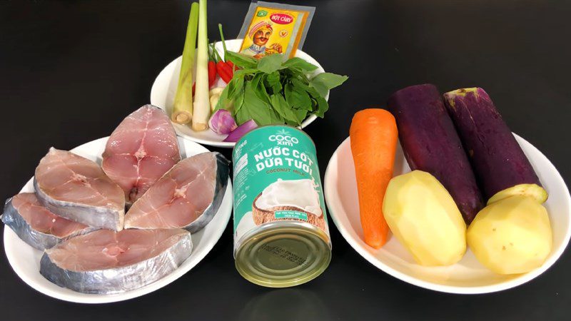 Ingredients for mackerel and salmon curry dish