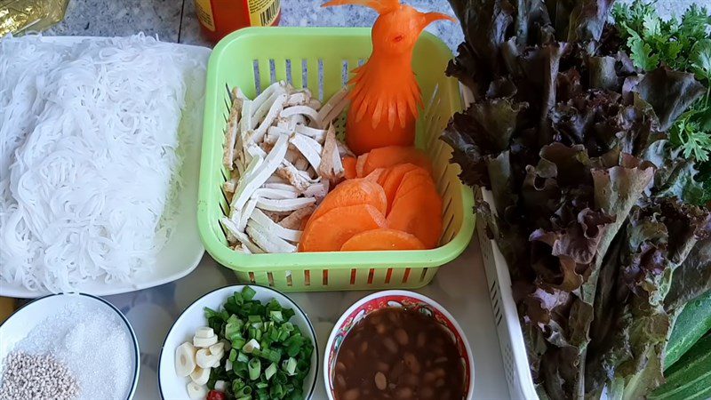Ingredients for vegetarian spring rolls in peacock shape