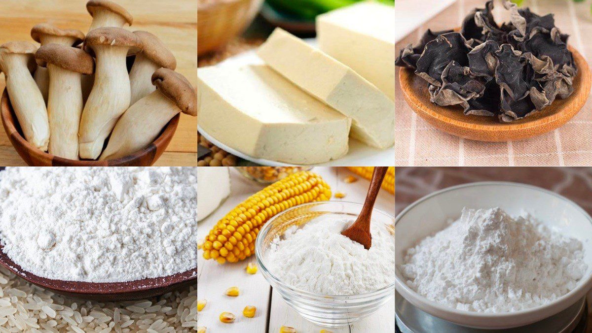 Ingredients for vegetarian noodle cake with mushroom filling