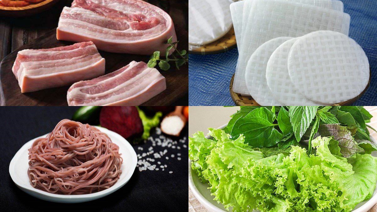 Ingredients for the dish of rice paper rolls with pork and tamarind sauce
