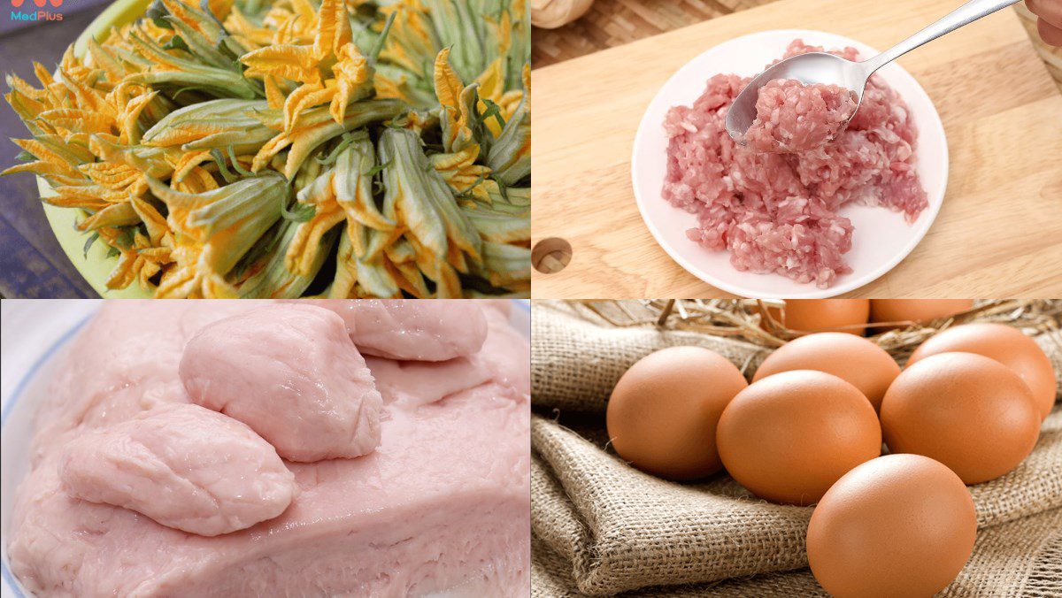 Ingredients for the dish of stuffed pumpkin flowers fried crispy and steamed meat