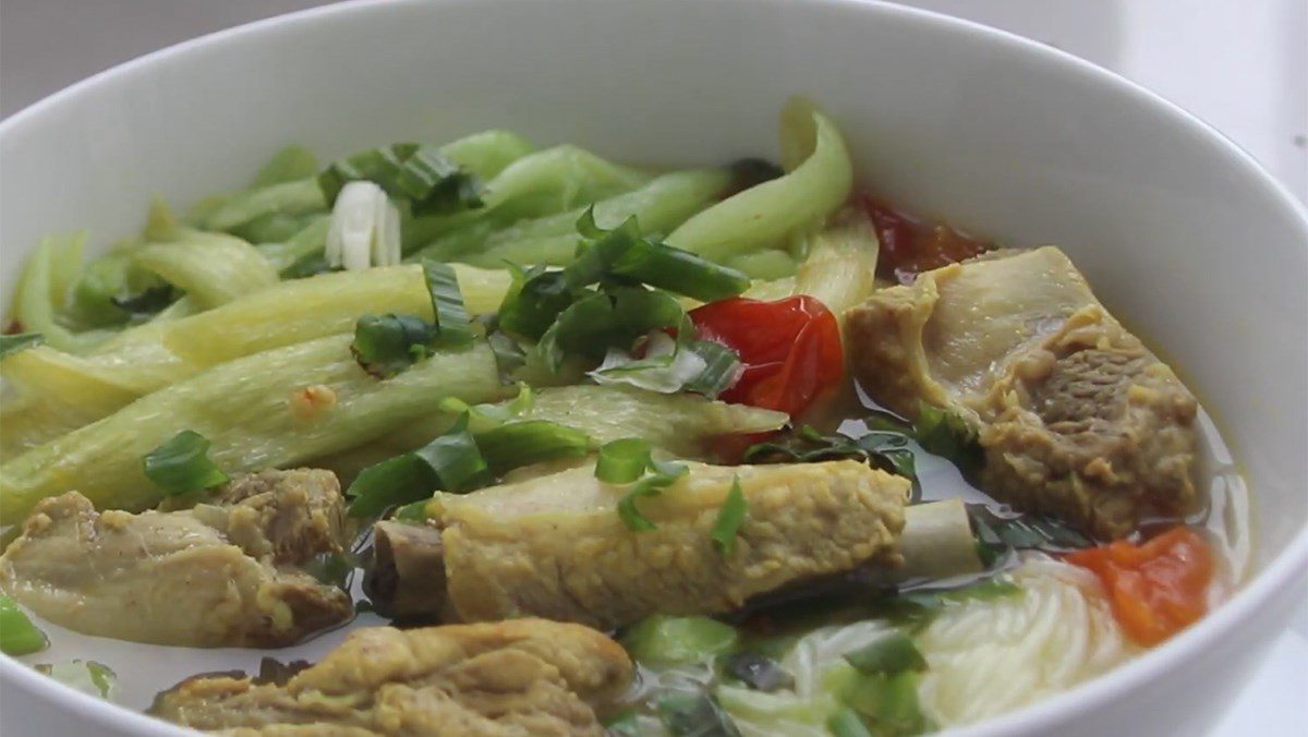 Rib noodle soup with soursop and water morning glory