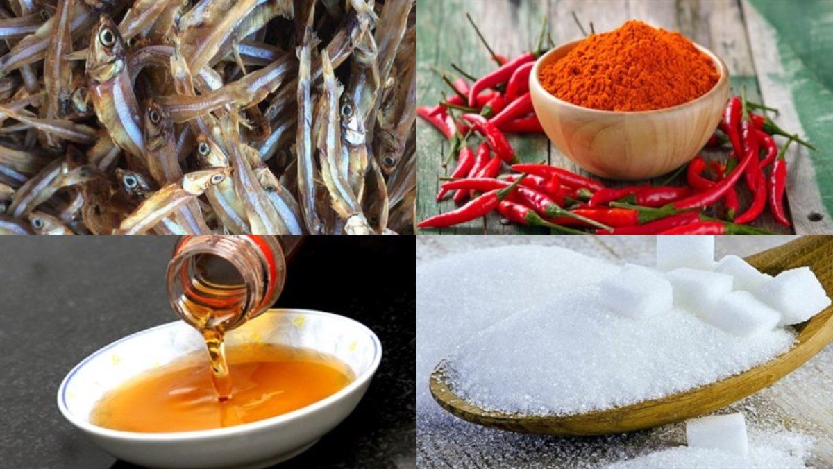 Ingredients for fried dried anchovies with fish sauce, garlic, and chili