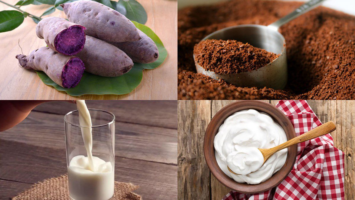 Ingredients for purple sweet potato milk coffee dish