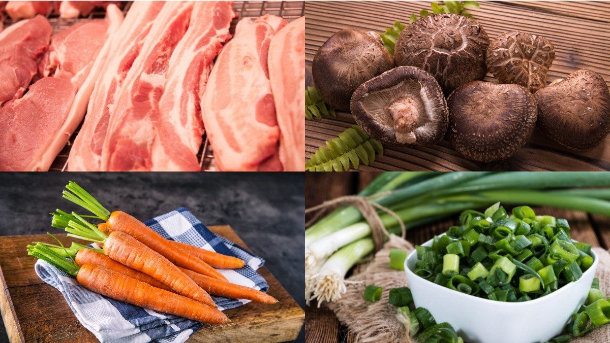 Ingredients for stir-fried pork with shiitake mushrooms