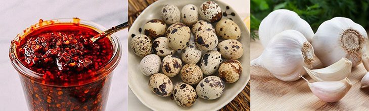 Ingredients for 3 ways to make quail eggs shaken with garlic satay and cheese, super delicious and unique, easy to make