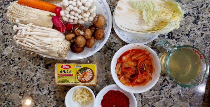 Ingredients for vegetarian kimchi hot pot