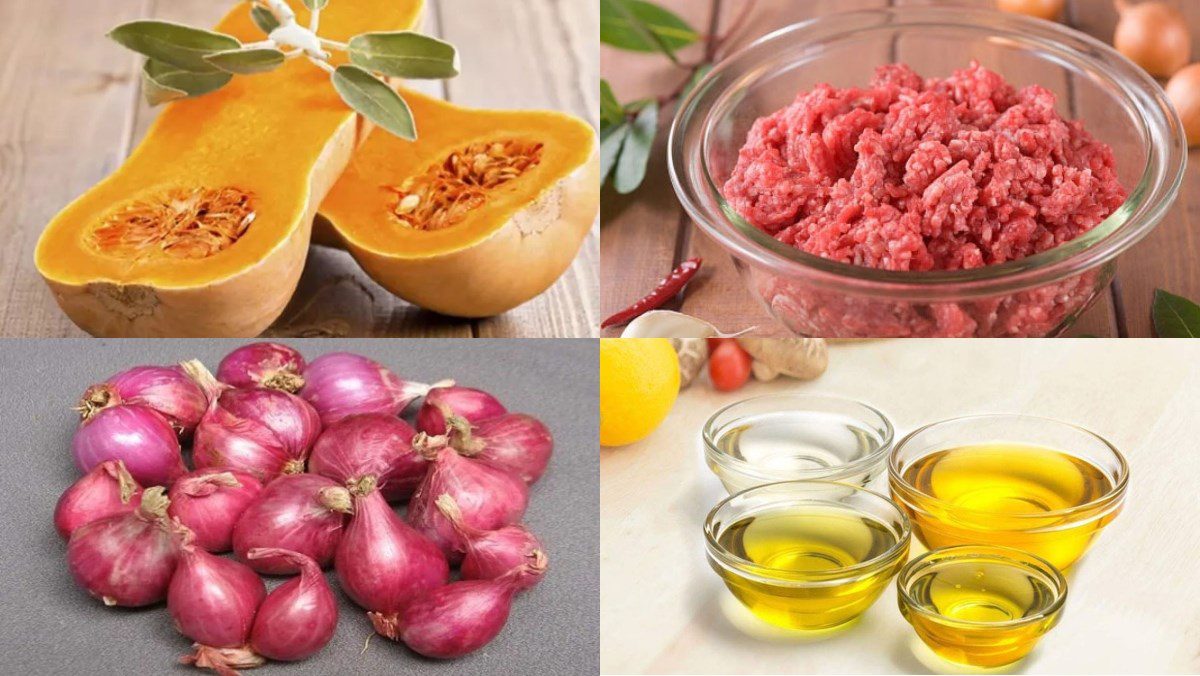 Ingredients for pumpkin soup with minced pork