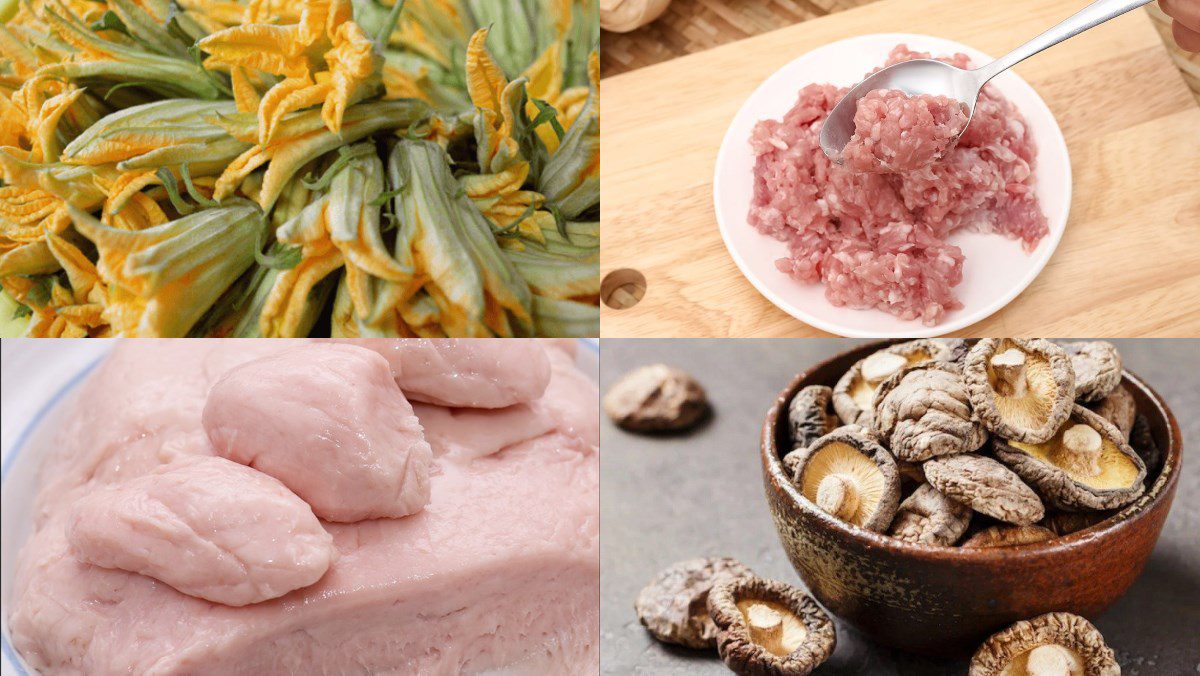 Ingredients for fried stuffed pumpkin flowers and steamed stuffed meat