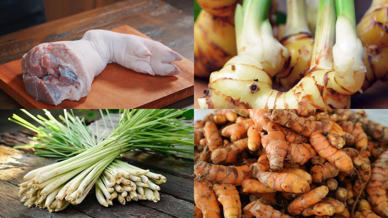 Ingredients for braised pork leg with galangal and lemongrass