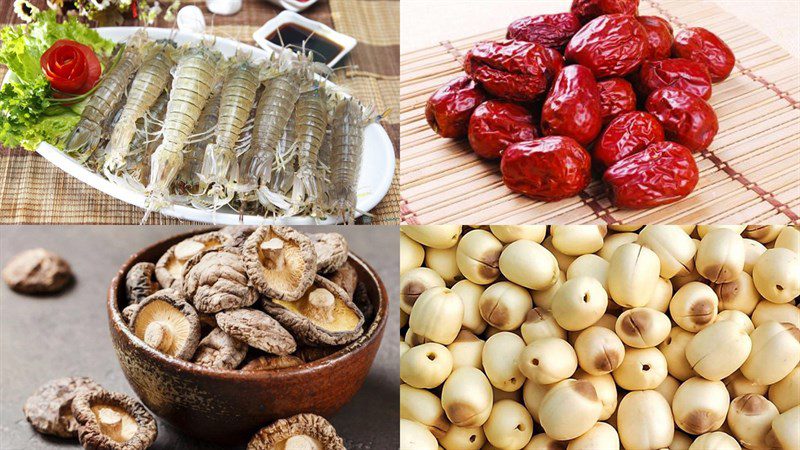 Ingredients for the dish of shrimp porridge with red jujube and shiitake mushrooms