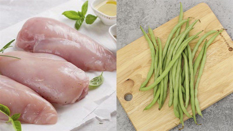 Ingredients for stir-fried chicken breast with asparagus, green beans, and okra