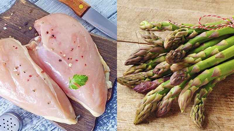 Ingredients for the dish of stir-fried chicken breast with asparagus, green beans, and okra