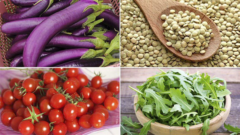 Ingredients for eggplant lentil salad and bell pepper