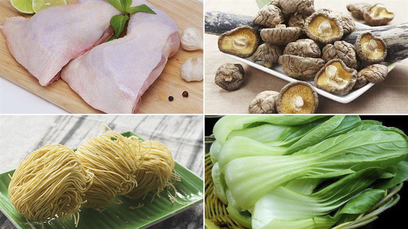 Ingredients for chicken noodle dish and stewed chicken noodles