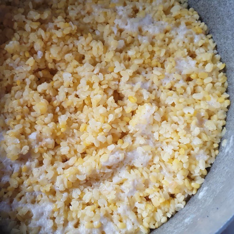 Step 2 Prepare the coconut milk and cook the mung beans for the Gấc sticky rice cake filled with durian