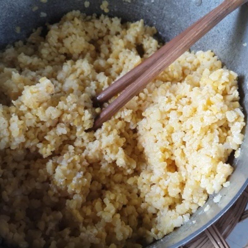 Step 2 Prepare the coconut milk and cook the mung beans for the Gấc sticky rice cake filled with durian