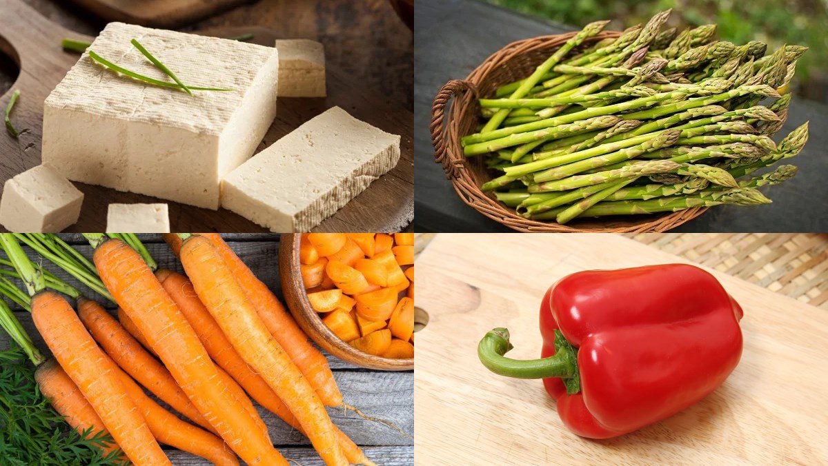 Ingredients for vegetarian baked tofu in foil using the oven