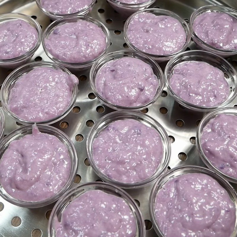 Step 4 Pour into molds and steam the cake Banh Bo cake with purple sweet potato