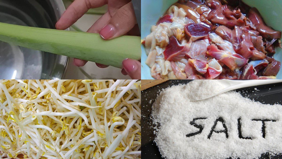 Ingredients for the dish stir-fried water lily with beef, chicken intestines, and fresh shrimp