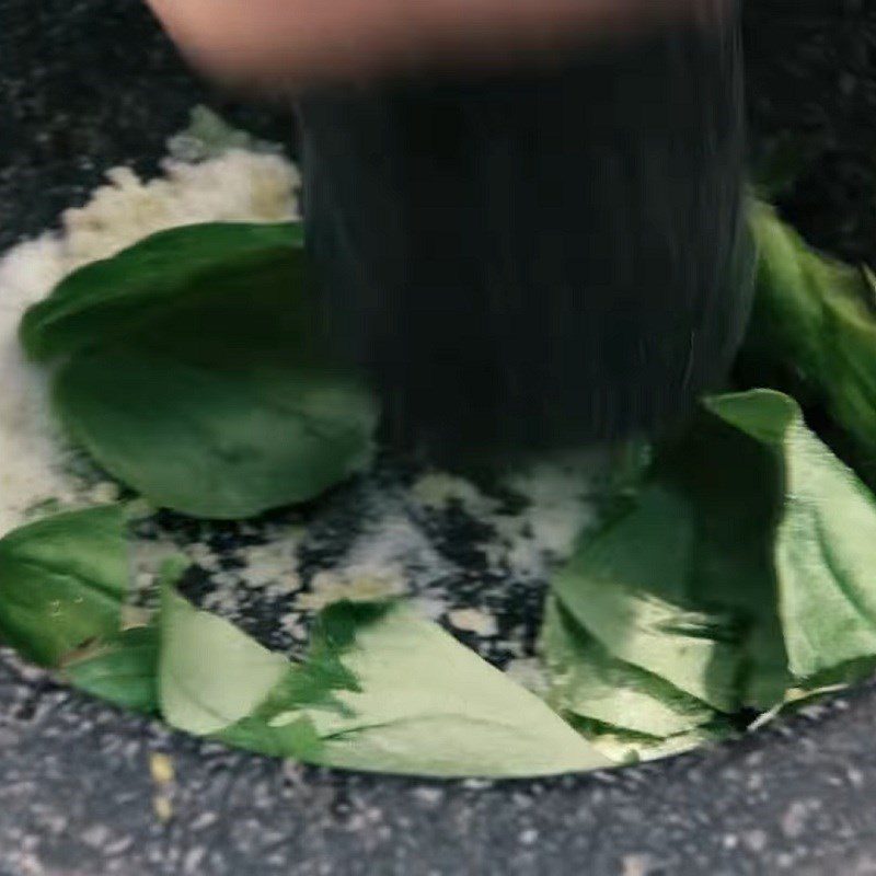 Step 3 Mashing Basil Leaves and Sugar Fried Pineapple