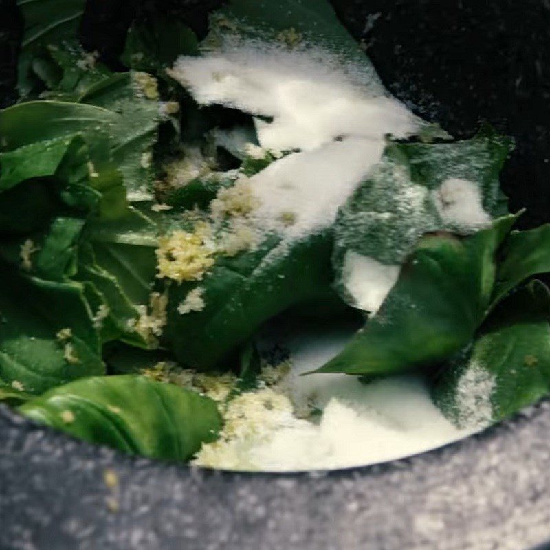 Step 3 Mashing Basil Leaves and Sugar Fried Pineapple