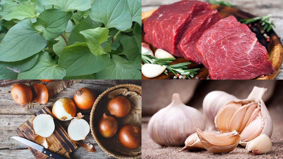 Ingredients for the dish of water spinach salad with beef