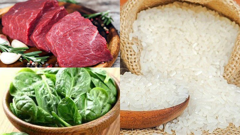 Ingredients for beef and water spinach porridge