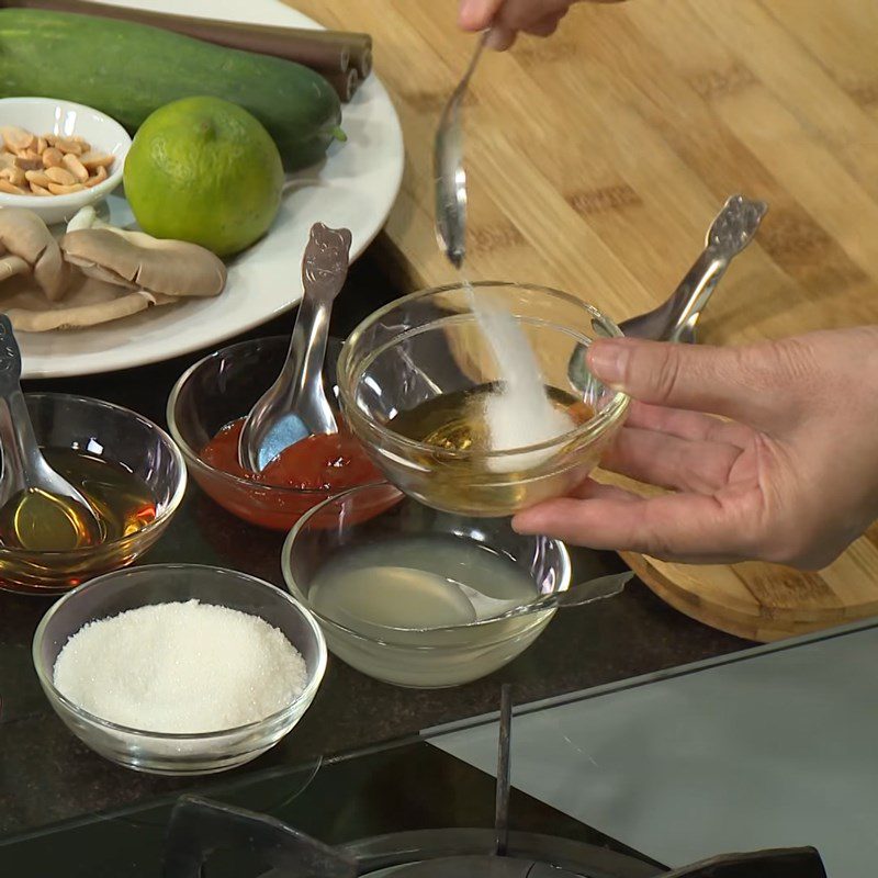 Step 1 Making salad dressing for Lotus flower salad with oyster mushrooms