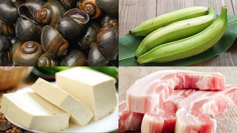 Ingredients for snail hotpot with banana and tofu, sour and spicy snail hotpot