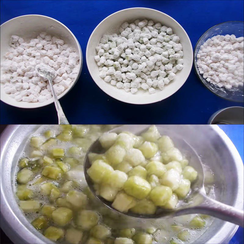 Step 3 Boil the ingredients after coating with tapioca flour for taro and pumpkin dessert