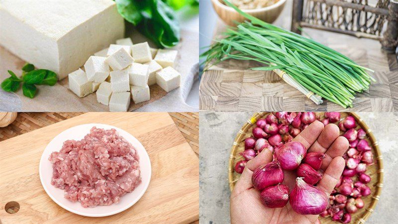 Ingredients for chive and minced meat tofu soup