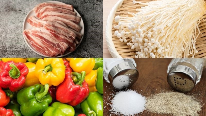 Ingredients for the dish of beef belly rolled with enoki mushrooms